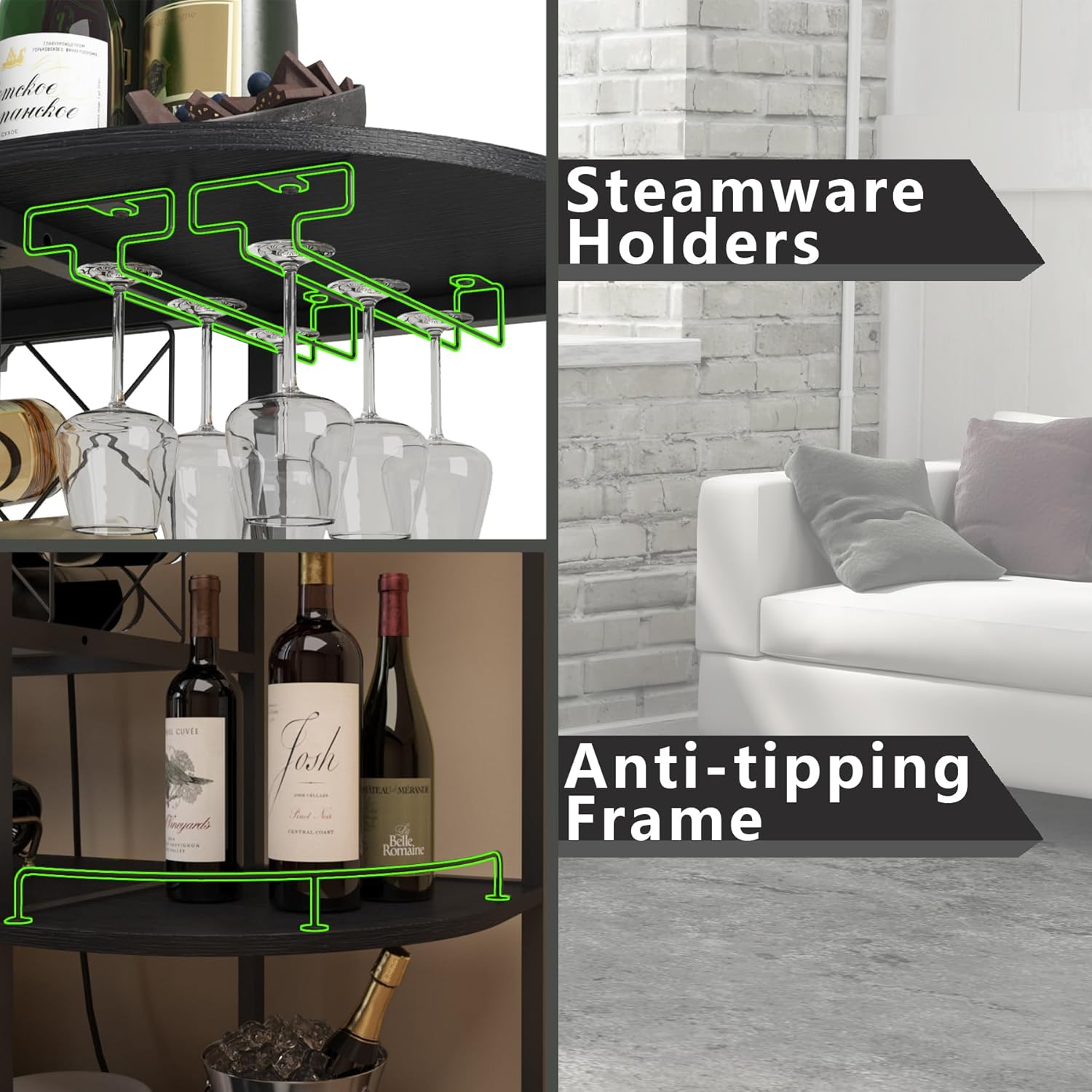 Wine Cabinet Coffee Table with Power Socket and LED Light, Three Tiers Coffee Bar Table Wine Rack
