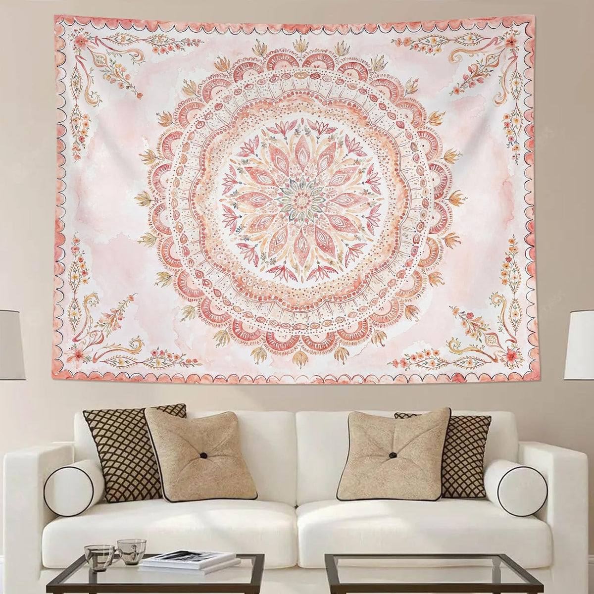 Fowocu Boho Floral Mandala Tapestry Wall Hanging Pink Bohemian Flower Medallion Tapestry Aesthetic
