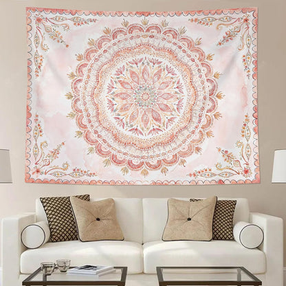 Fowocu Boho Floral Mandala Tapestry Wall Hanging Pink Bohemian Flower Medallion Tapestry Aesthetic
