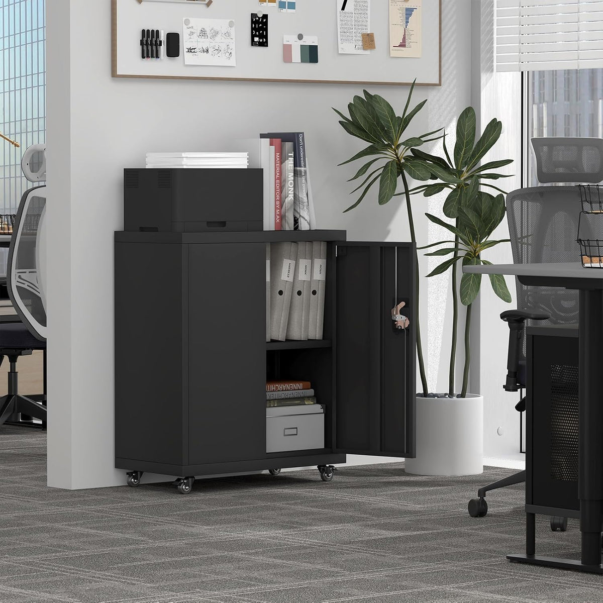 Metal Storage Cabinet with Wheels,Lockable Steel Rolling Storage Cabinet with 2 Doors for