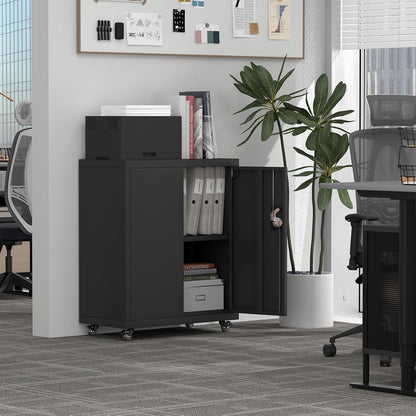 Metal Storage Cabinet with Wheels,Lockable Steel Rolling Storage Cabinet with 2 Doors for