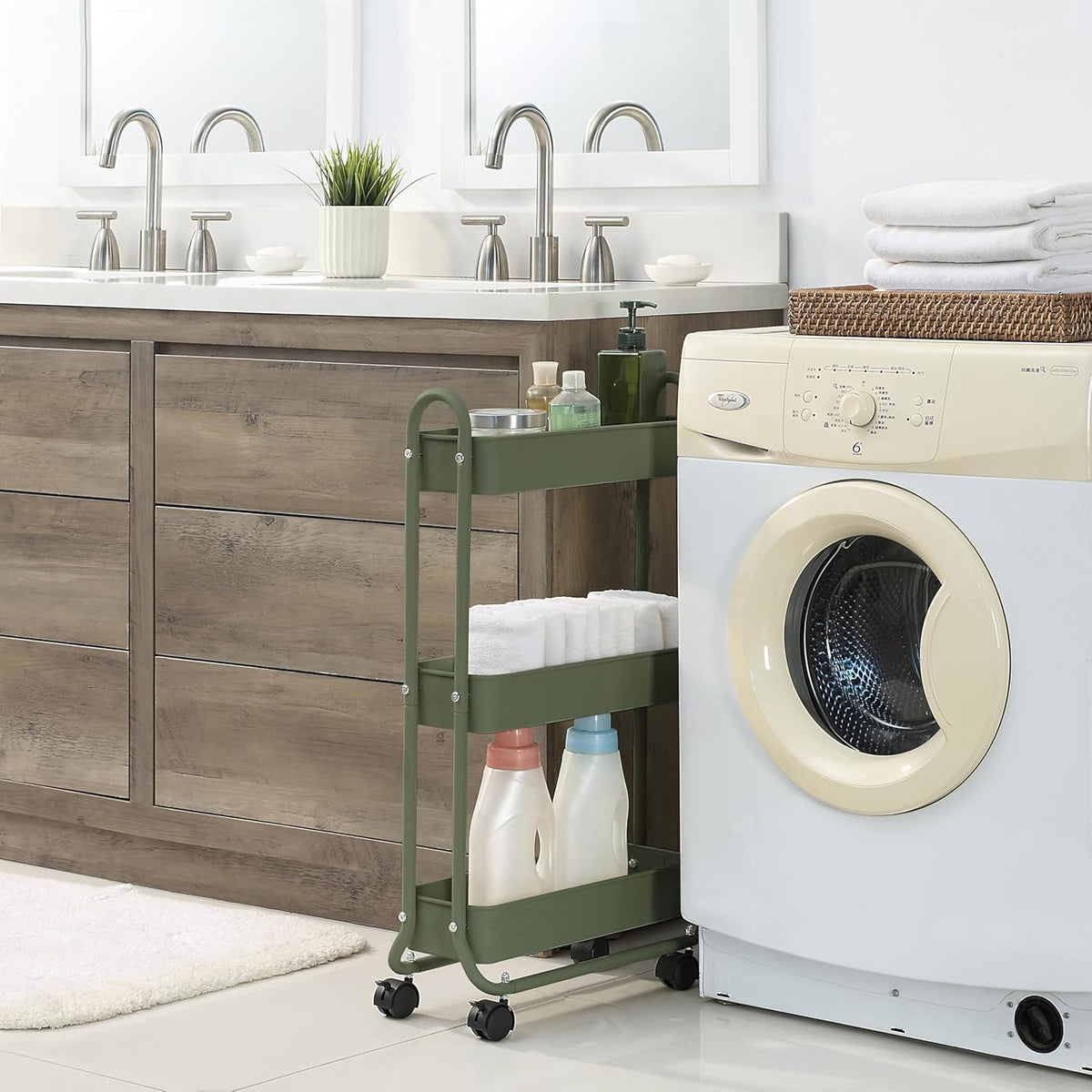 SunnyPoint Slim Rolling Storage Cart, 3 Tier Bathroom Storage Organizer Bathroom, Laundry Utility
