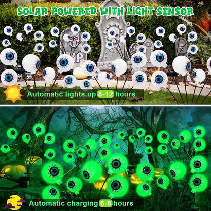 Solar Halloween Decorations, 4 Pack 24 LED Spooky Eyeball Lights, Outdoor Waterproof Solar Green