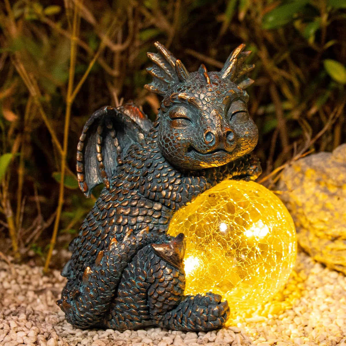 WONDER GARDEN Dragon Statue - Sleeping Dragon Figurines Solar Light Resin Garden Statues with