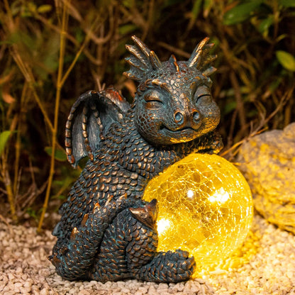 WONDER GARDEN Dragon Statue - Sleeping Dragon Figurines Solar Light Resin Garden Statues with