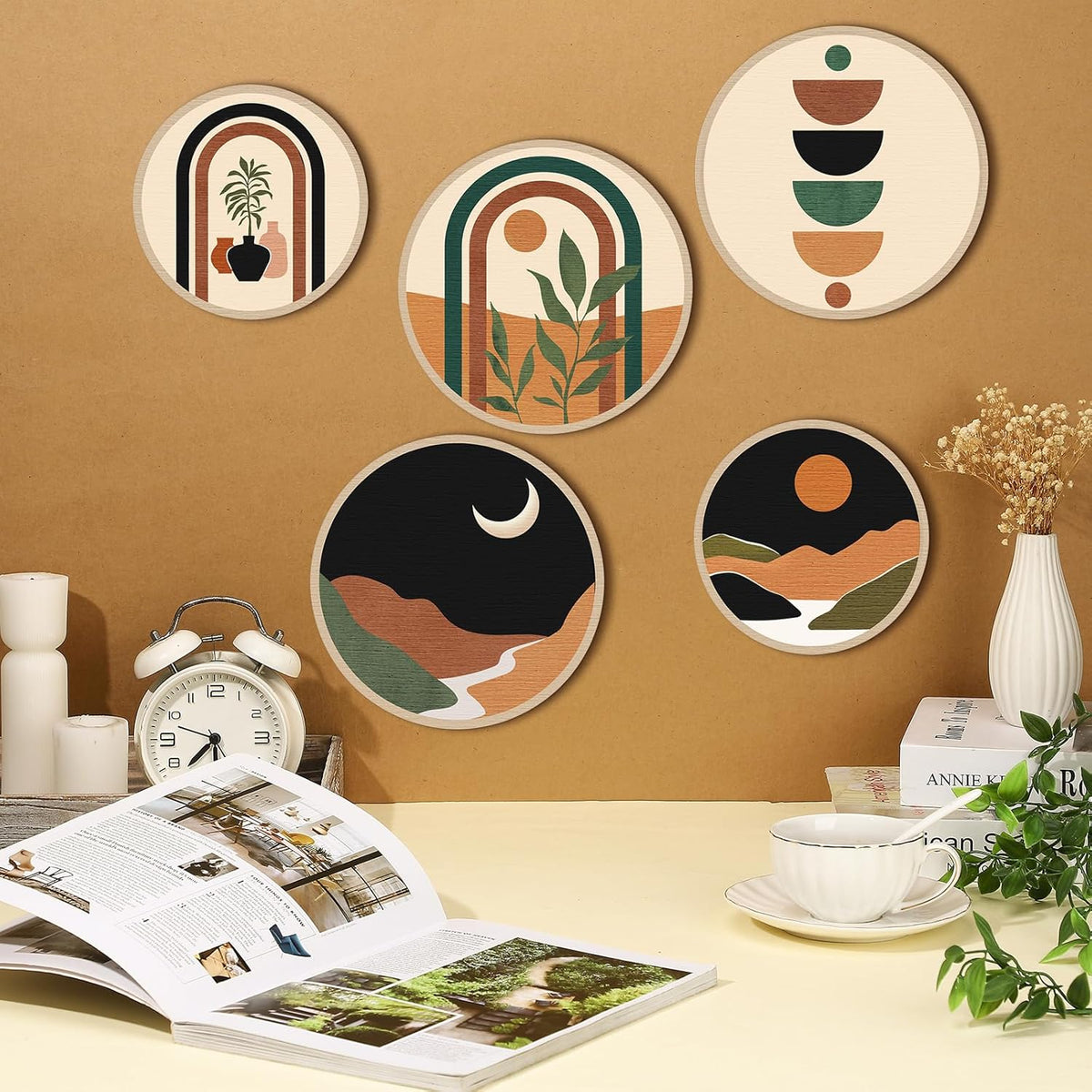 Qunclay 5 Pcs Wall Art Decor Wooden Living Room Wall Decor Bohemian Hanging Farmhouse Geometric