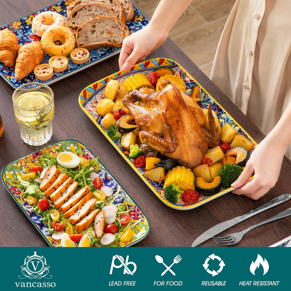 vancasso Serving Platters Set of 3, 16"/14"/12" Inch Rectangular Trays - Serving Platter Extra