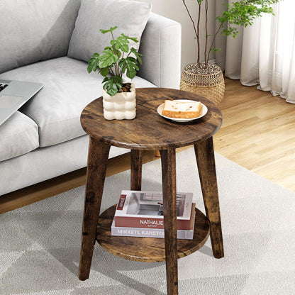 Small Round Side Table Wooden End Table with Lower Shelf Modern Nightstand Bedside Table for Small