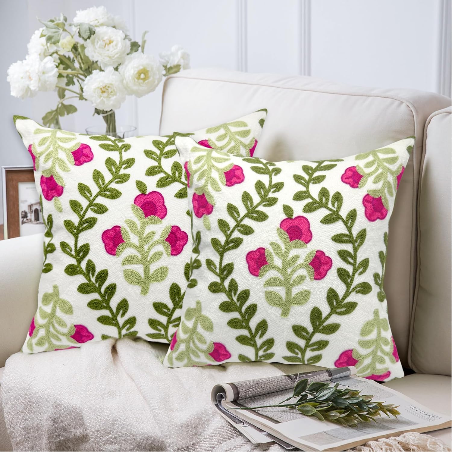 Alysheer Summer Decorative Throw Pillow Covers 18"x 18" Set of 2, Floral Embroidered Farmhouse Hot