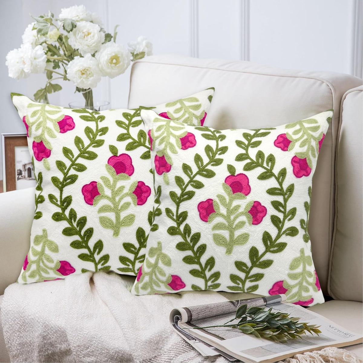 Alysheer Floral Embroidered Summer Decorative Throw Pillow Covers 20"x 20" Set of 2, Farmhouse