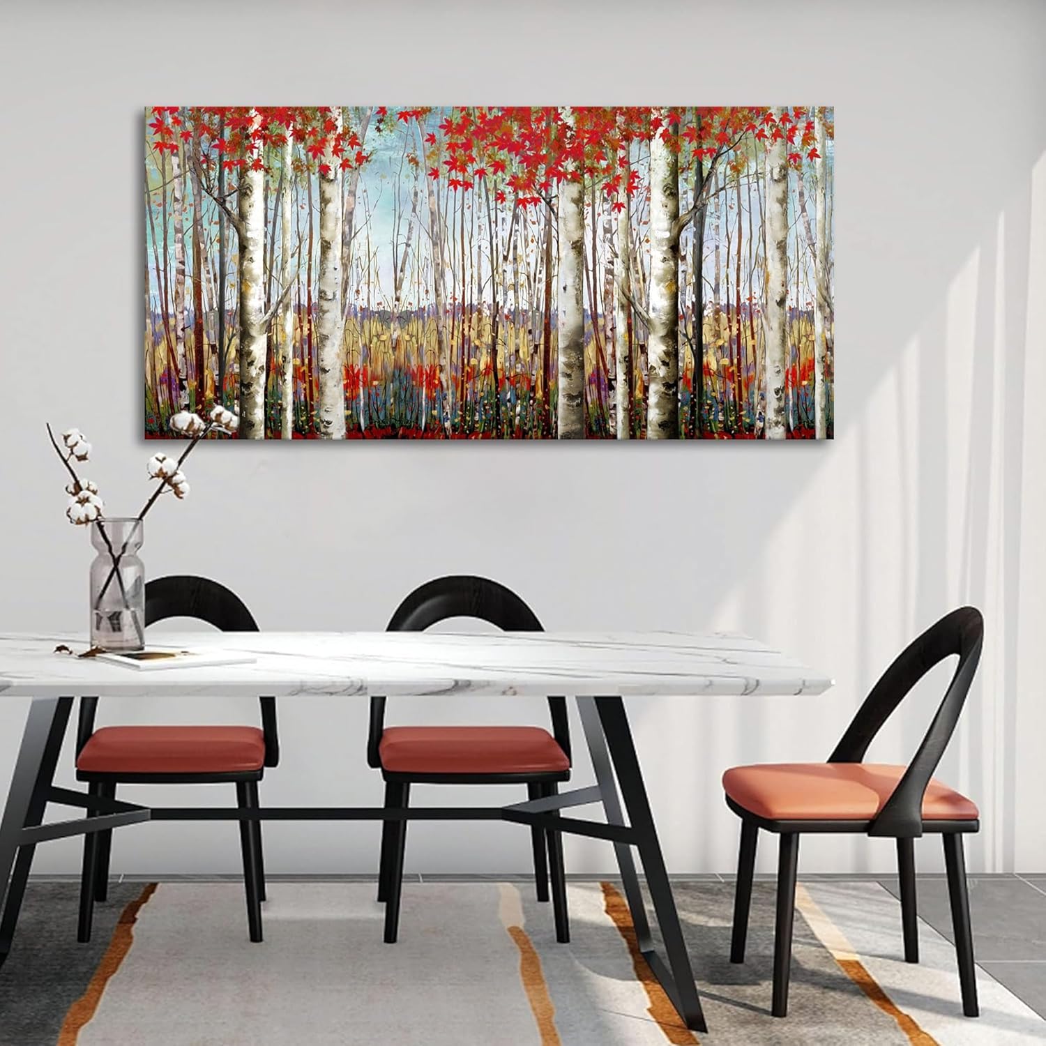 Canvas Wall Art for Living Room Bedroom Modern Wall Decor of Red Leaves White Birch Tree Forest