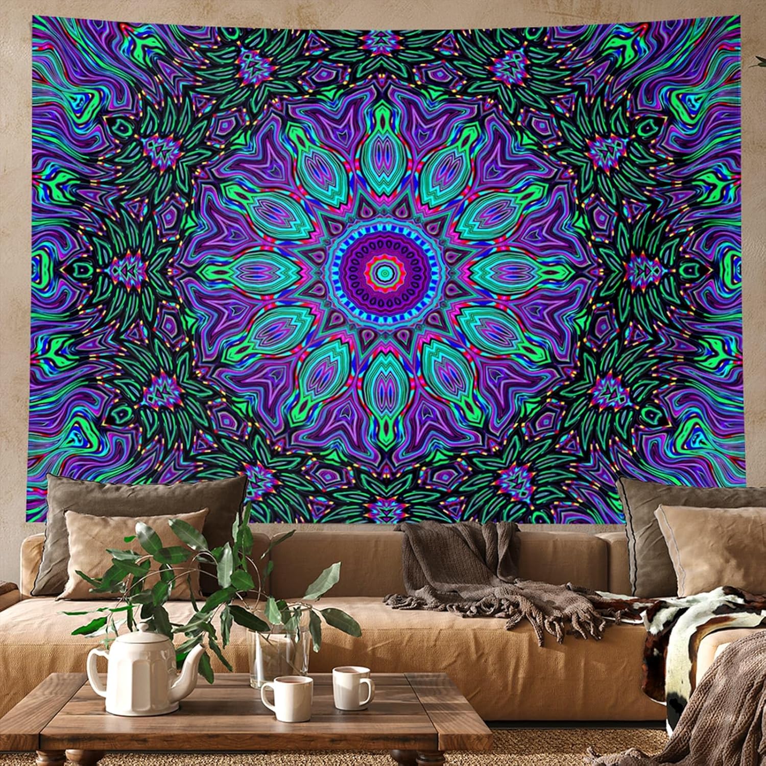 PSYHILAR Blacklight Mandala Tapestry for Bedroom, Psychedelic Black Light Posters for Adults and