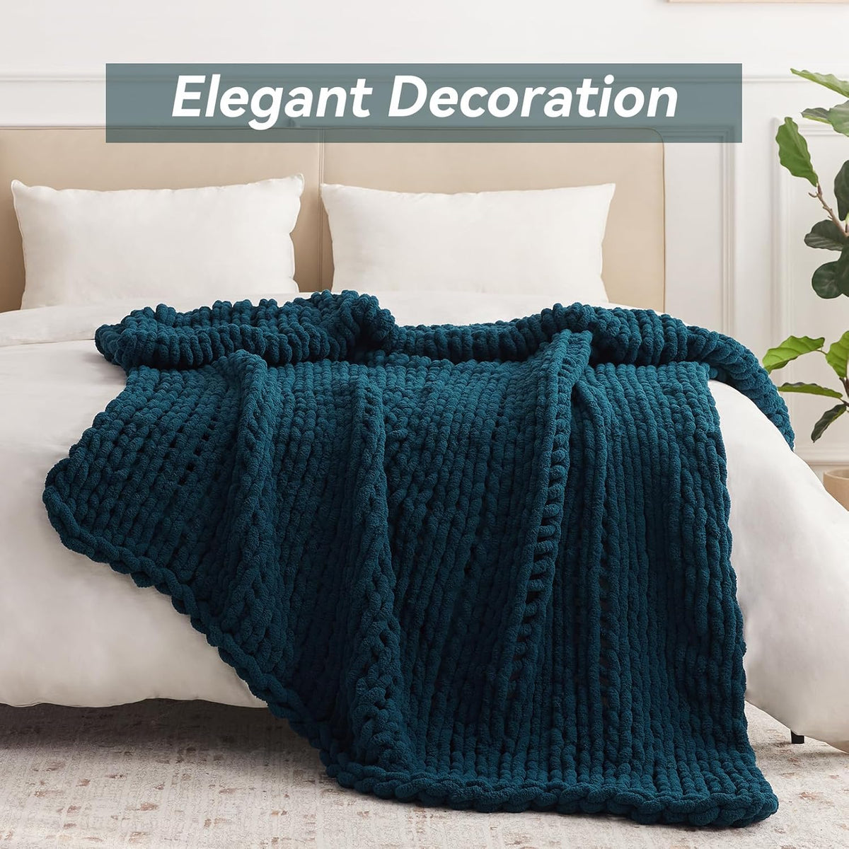 Chunky Knit Throw Blanket, 30''*40'' Knitted Throw Chenille Yarn for Bed Couch, Handmade Peacock