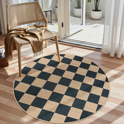 Lahome Checkered 4 ft Easy Jute Round Rug, Washable Small Rugs for Entryway Patio, Farmhouse Non