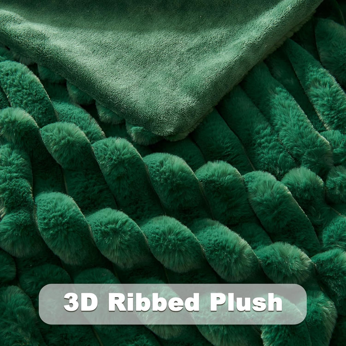 NEWCOSPLAY Faux Fur Twin Blanket Dark Green 3D Ribbed Plush Thick Warm Blanket for Couch Sofa Bed