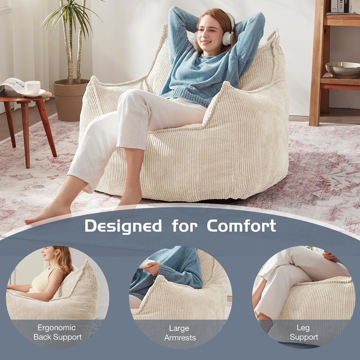 Giant Bean Bag Chair Sofa for Adults Teens, Comfy Corduroy Large Bean Bag Chairs with Armrests for