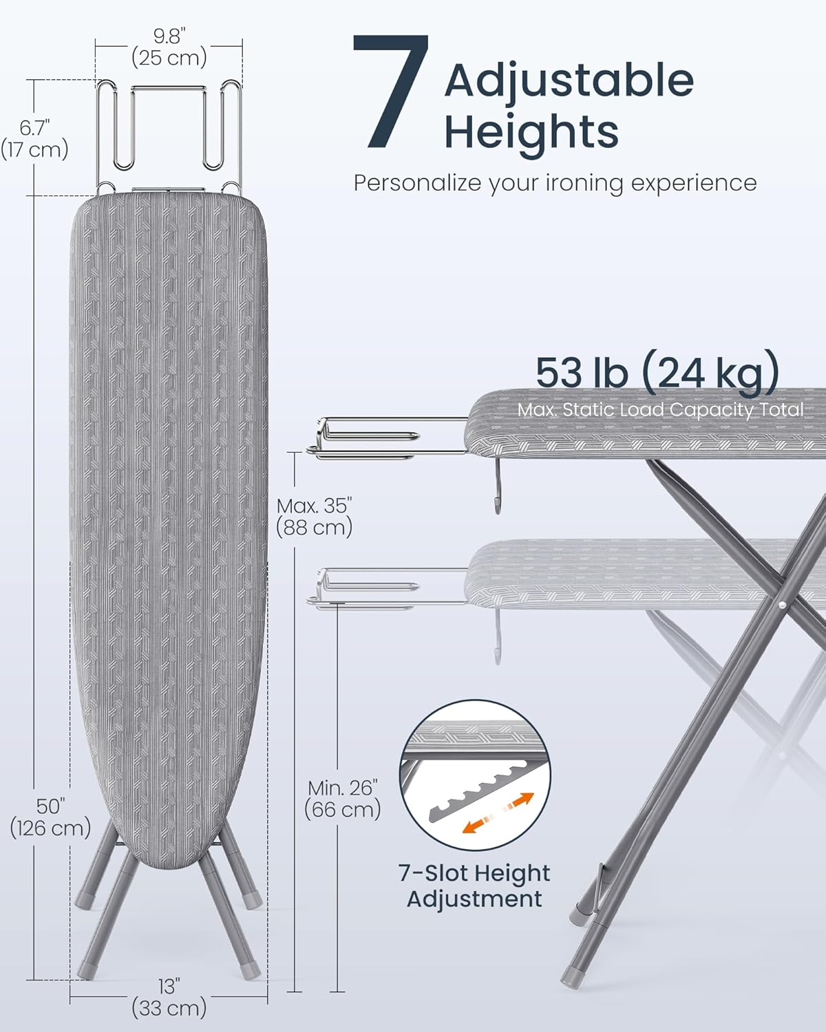 SONGMICS Ironing Board, Foldable Iron Board, Height Adjustable up to 35 Inches, with 4 Layered