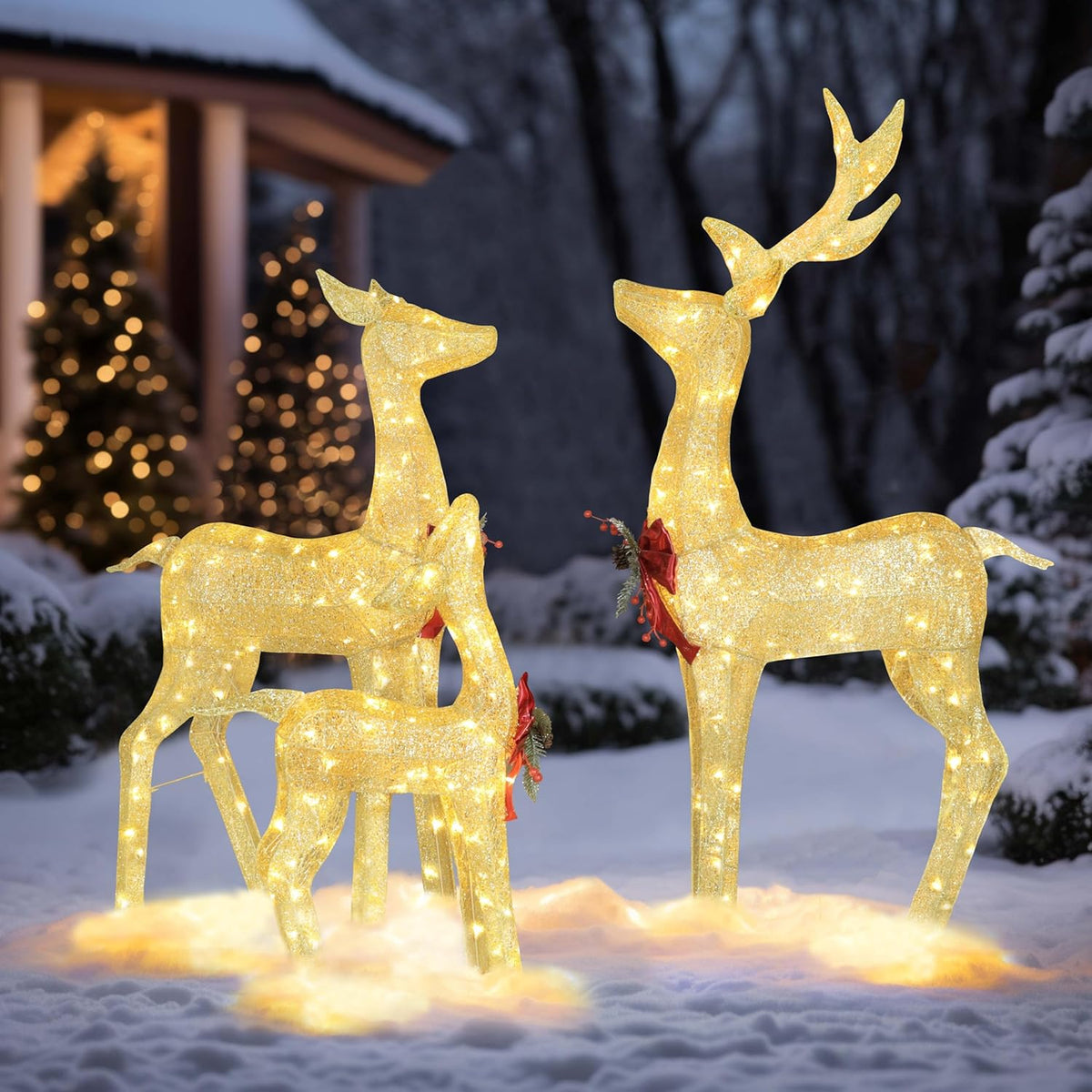 4.5FT Lighted Reindeer Family Set for Christmas Decoration, 3 Pieces Pre-Lit Iridescent Deer with