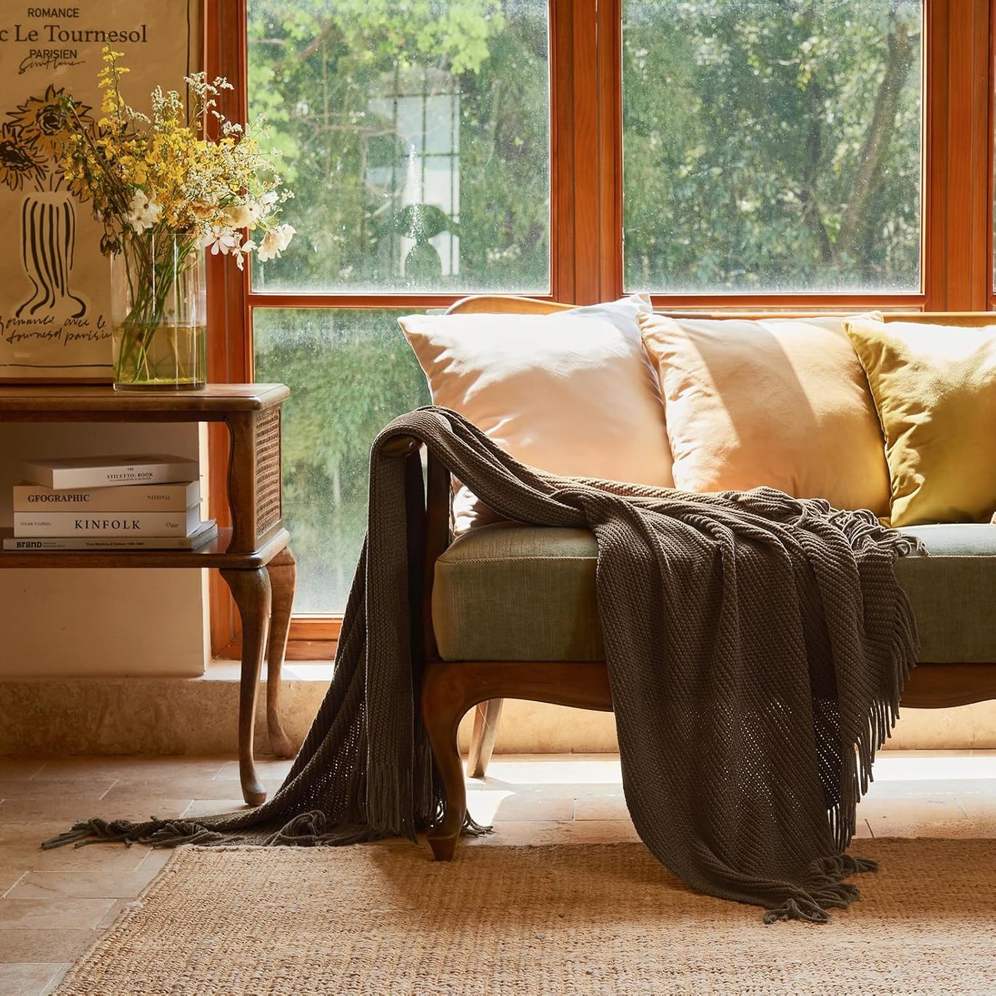 lifein Throw Blanket for Couch, Soft Boho Decor Bed Throw,Cozy Brown Knitted Chenille Small