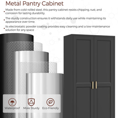 60" Tall Metal Pantry Cabinet, Black Kitchen Pantry Storage Cabinet with Doors and 3 Adjustable