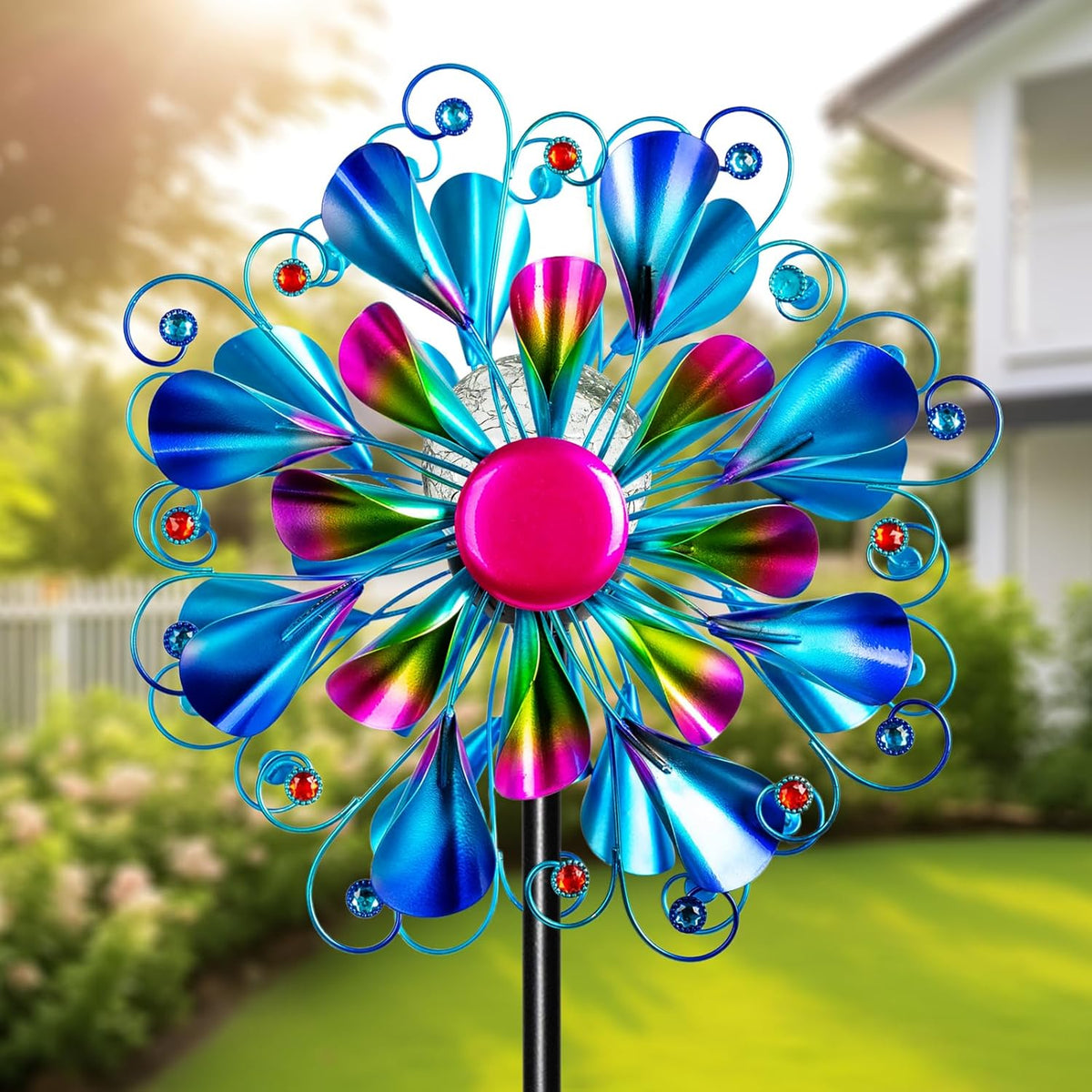 60'' Wind Spinner with Color Glass Ball Solar Lights, Blue Peacock Feathers Metal Garden Outdoor