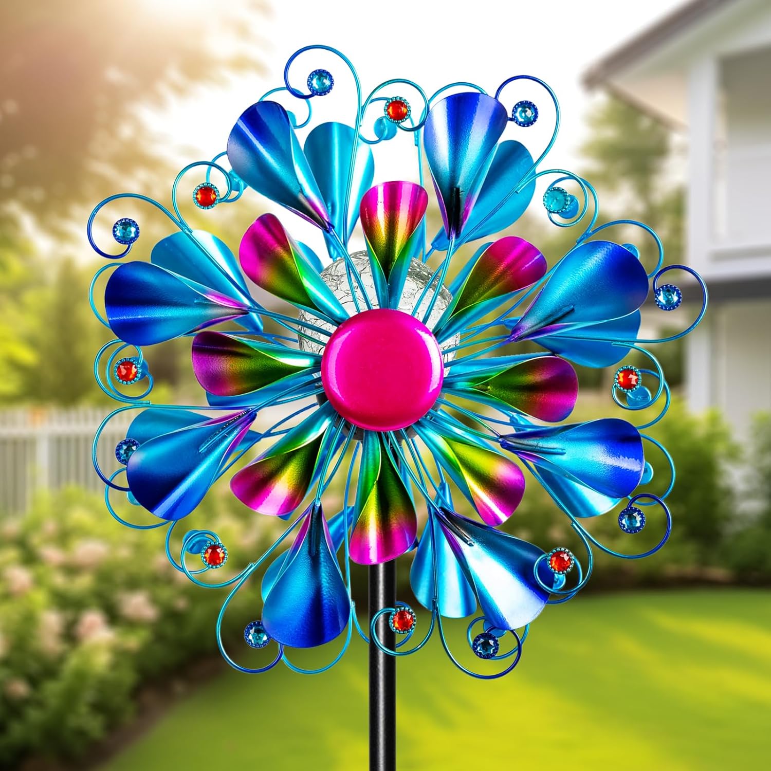 60'' Wind Spinner with Color Glass Ball Solar Lights, Blue Peacock Feathers Metal Garden Outdoor