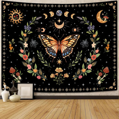 Lunerfex Boho Butterfly Tapestry Flower Moon Wall Tapestry, Moon Phases Tapestries for Bedroom Cute