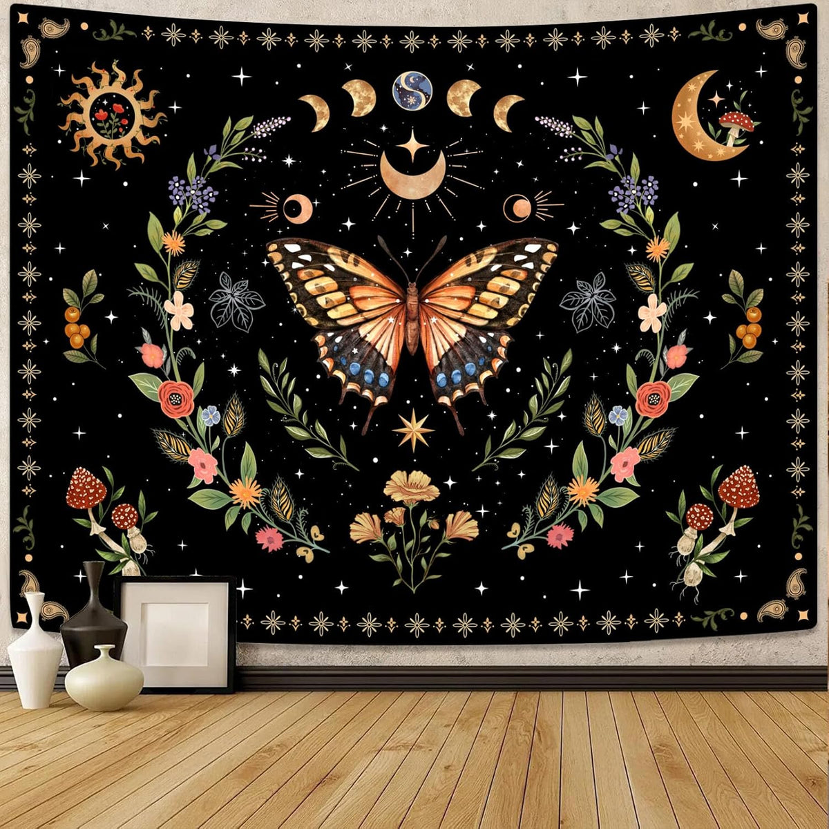 Lunerfex Boho Butterfly Tapestry Flower Moon Wall Tapestry, Moon Phases Tapestries for Bedroom Cute