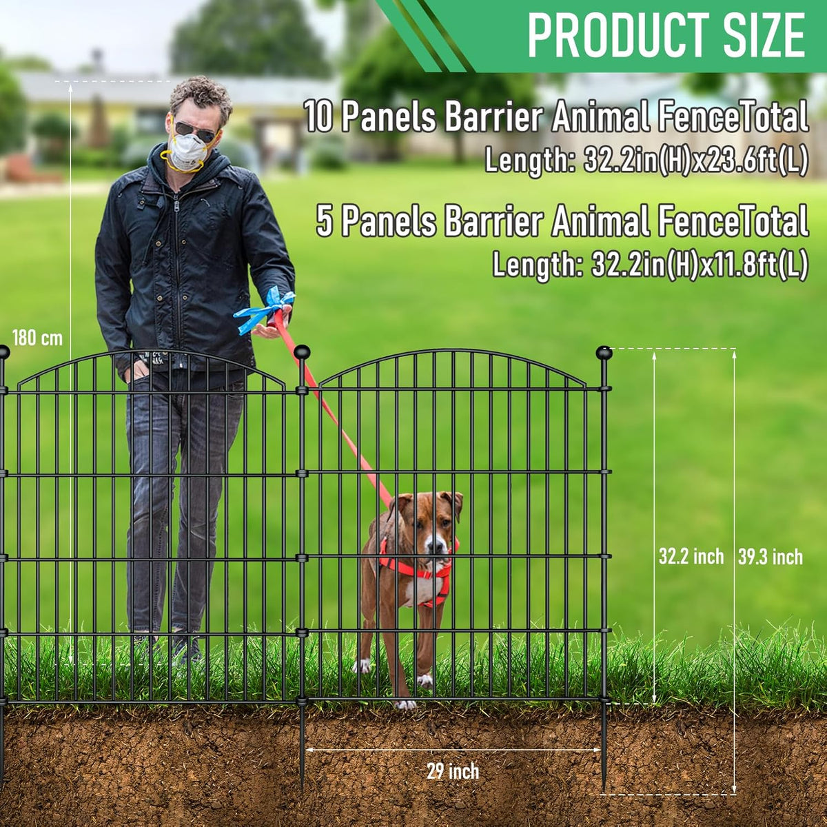 10 Panels Garden Fence Dog Fence Outdoor for Yard, 32in H x 23.6ft L Rustproof Metal Fencing with