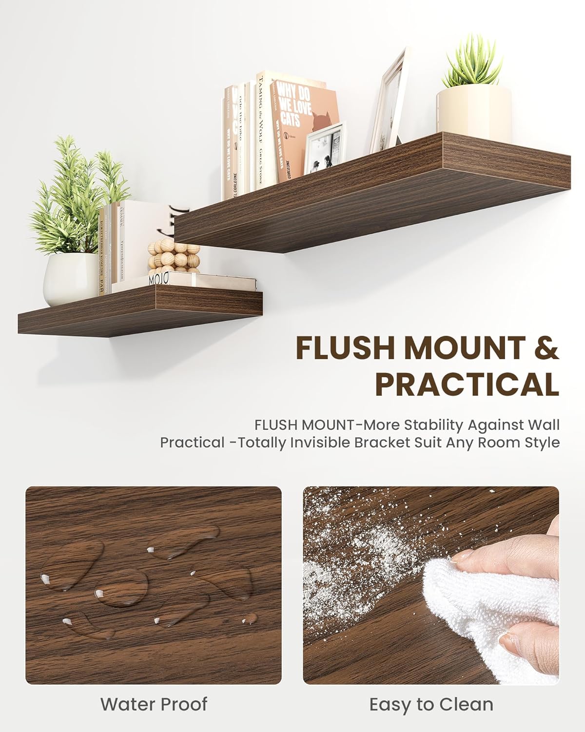 Marsmiles 31.5" Floating Shelves for Wall, Wooden Shelves with Invisible Brackets Set of 2, Rustic