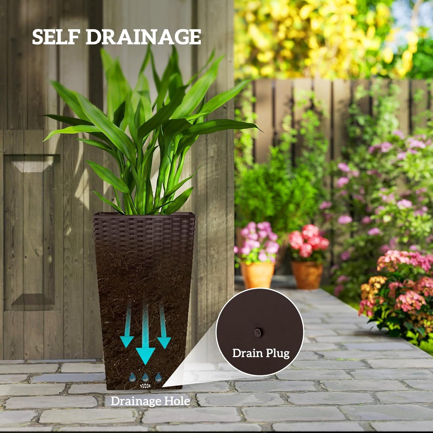 Outsunny Tall Planters for Outdoor Plants Set of 3, 24 in Taper Planters with Drainage Holes