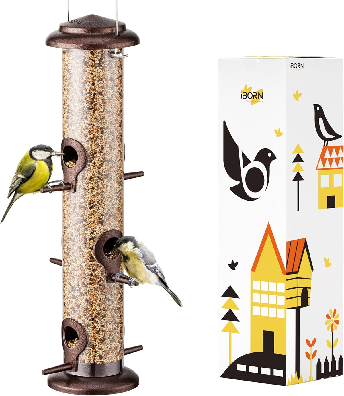 iBorn Metal Bird Feeder Hanging Wild Bird Seed Feeder for Mix Seed Blends Heavy Duty All Metal