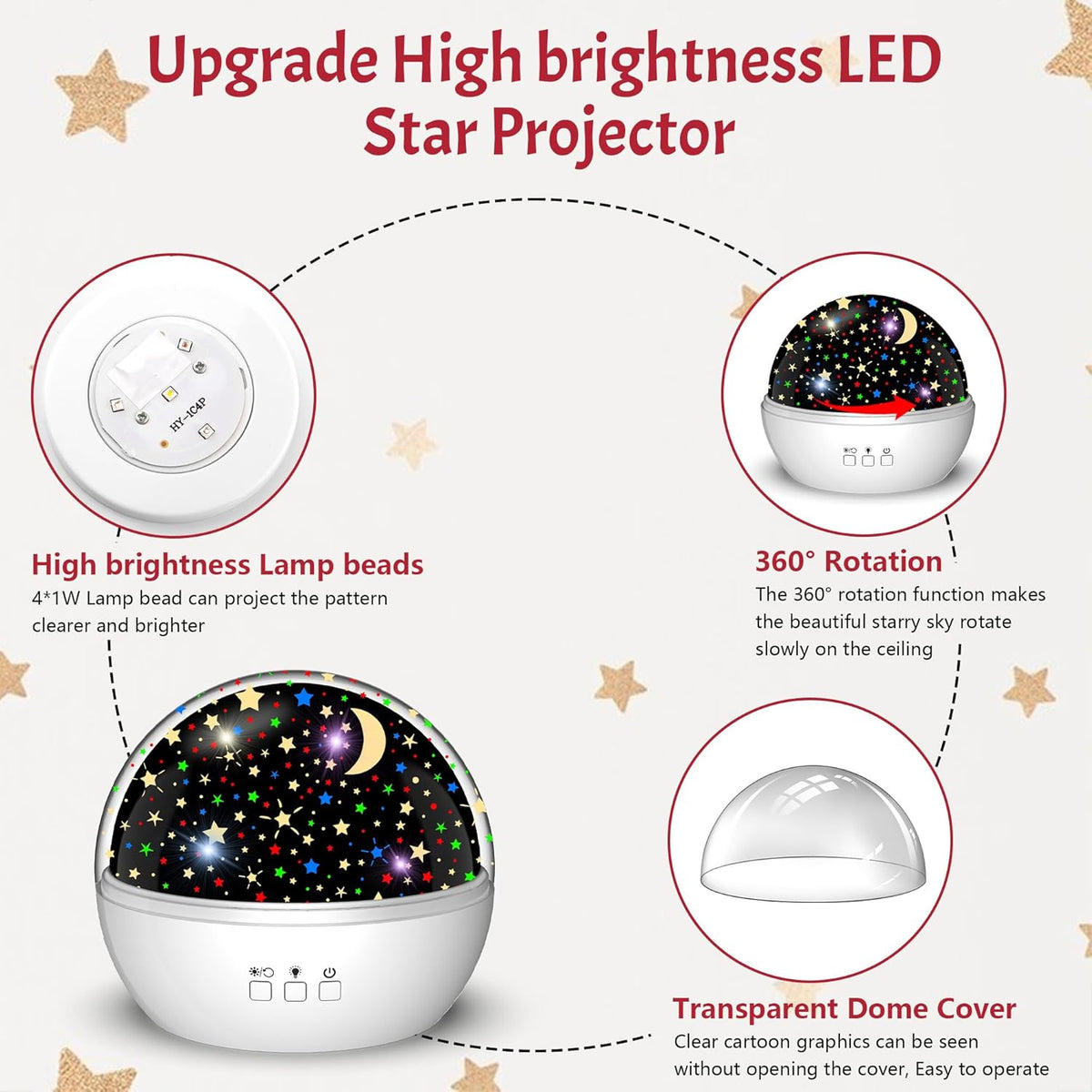 Star Projector Night Light for Kids, Baby Night Lights with Snowflake & Starry Theme, 360 Degree