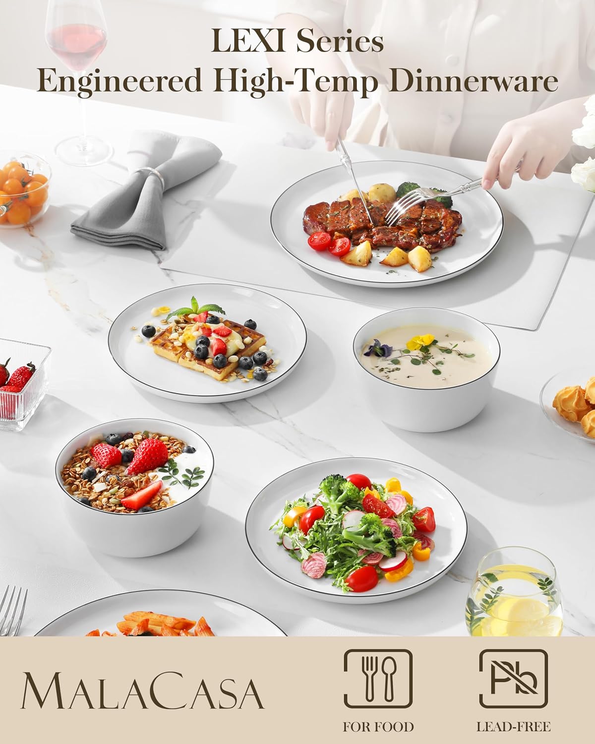MALACASA 24 Pieces Gourmet Porcelain Dinnerware Sets, Premium Plates and Bowls Set, High-Fired