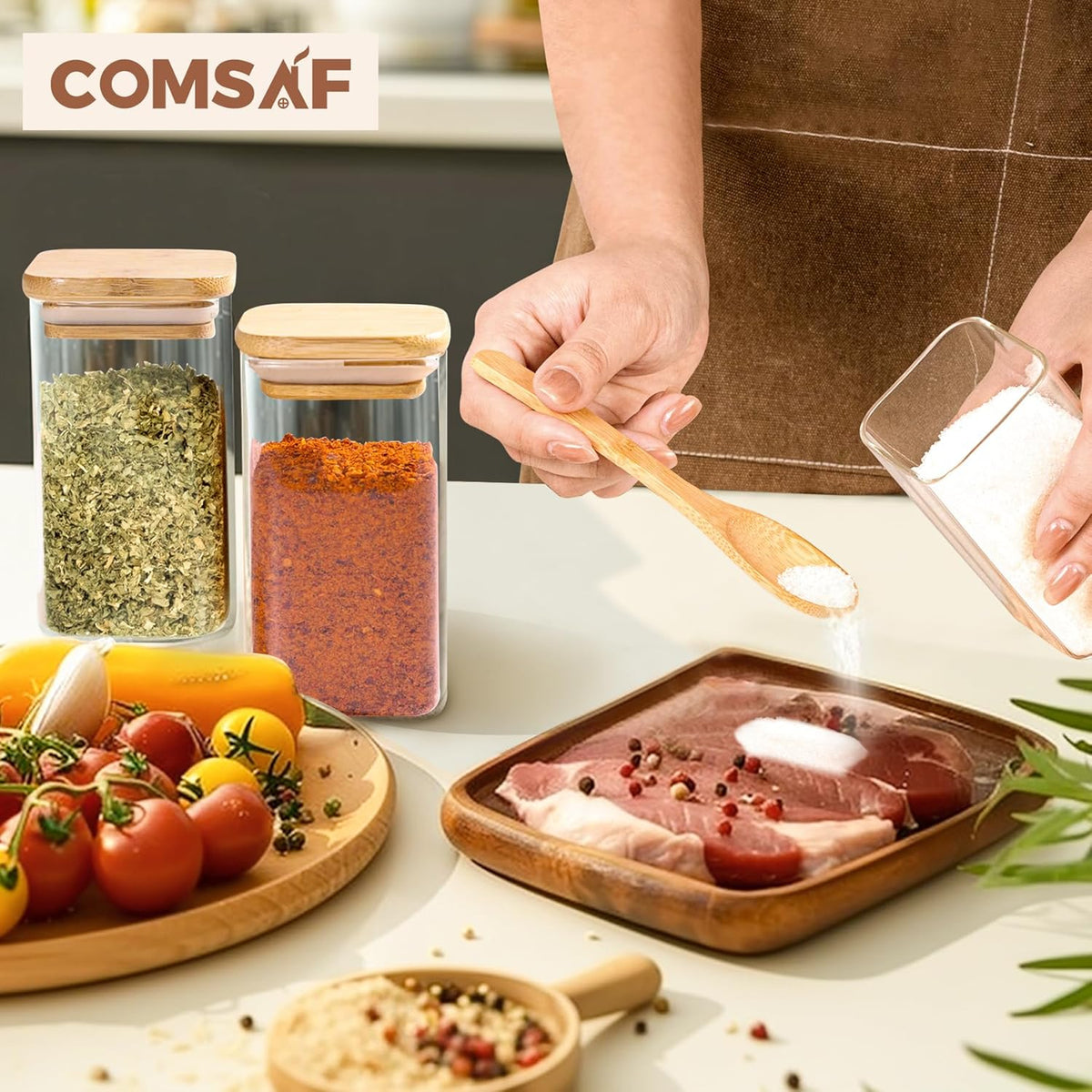 ComSaf 6Pcs 8oz Spice Jars with Label Trial Set, Glass Spice Jars with Bamboo Lids Supplementary
