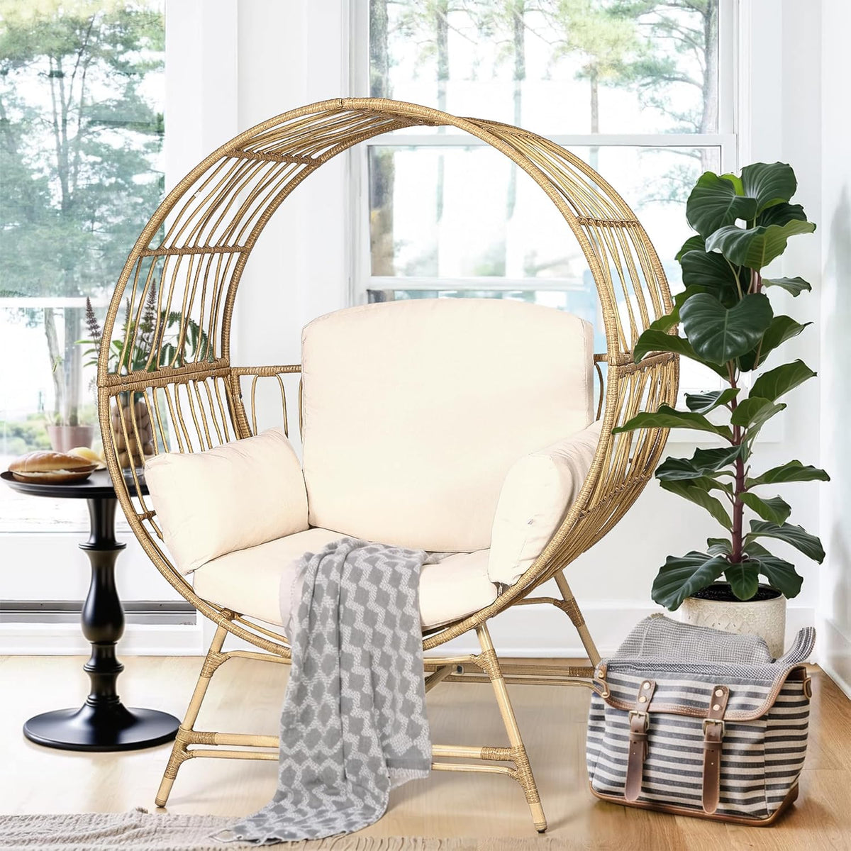 Egg Chair Outdoor Indoor, Oversized Rattan Chair with Thicken Cushion, 350LBS Capacity Wicker Patio