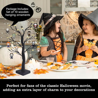 Black Halloween Tree with LED Lights and Spooky Wooden Hanging Ornaments Horror Movie Ornaments