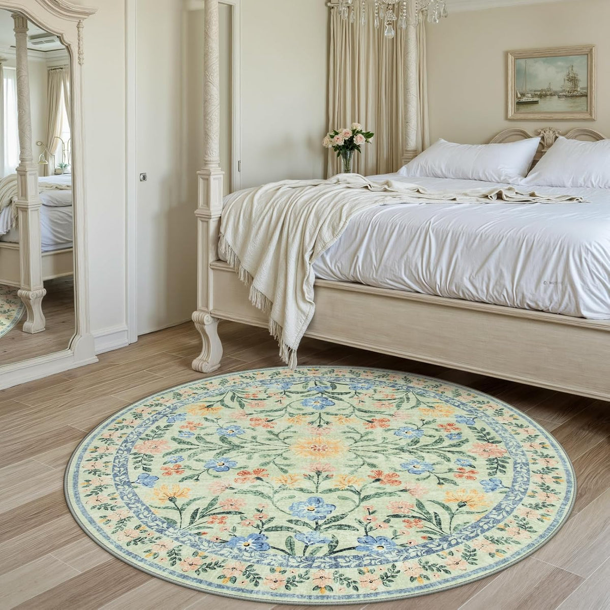 Wonnitar Washable Floral Round Rug, 6ft Sage Green Round Area Rugs for Bedroom Nursery, Boho