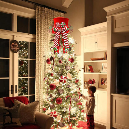 Christmas Candy Canes Tree Topper Red Hat with Peppermint Bows Ornament Winter Lollipop Holiday