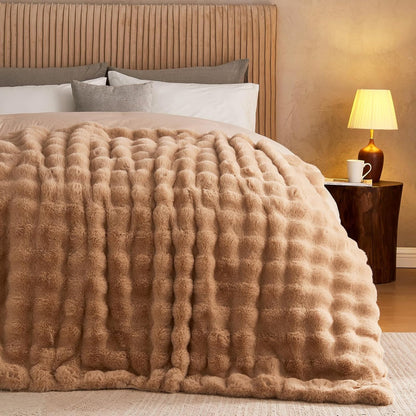 Lotus Karen Queen Size Faux Fur Blanket Khaki - Big Bubble Rabbit Fluff Blanket for Bed, Large