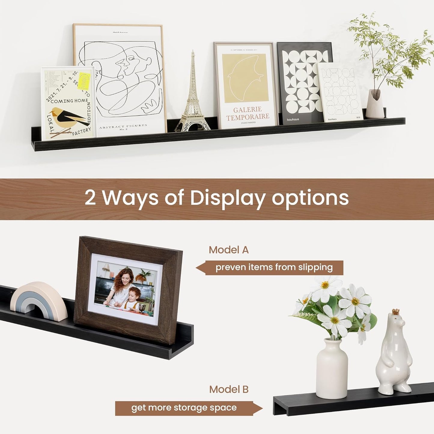 Picture Ledge Shelf, Solid Pine Wood Floating Shelves Set of 2, 40 Inches Nursery Book Shelves for
