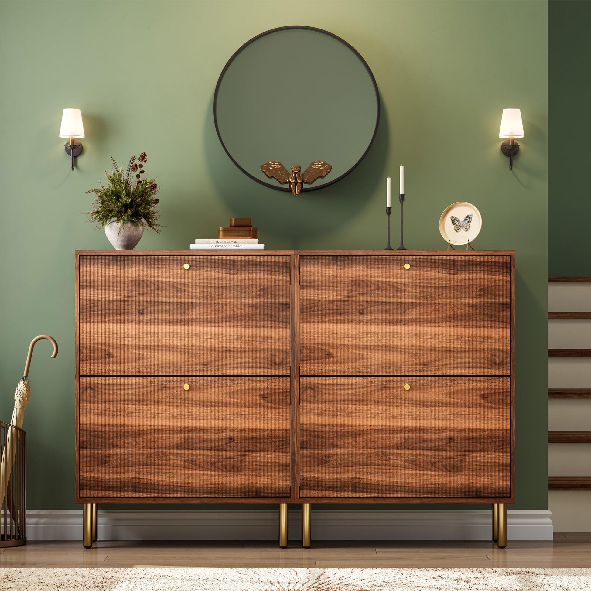 Nicetree Shoe Storage Cabinet for Entryway - 2 Flip Drawers Shoe Cabinet with Tiered Fluted Design