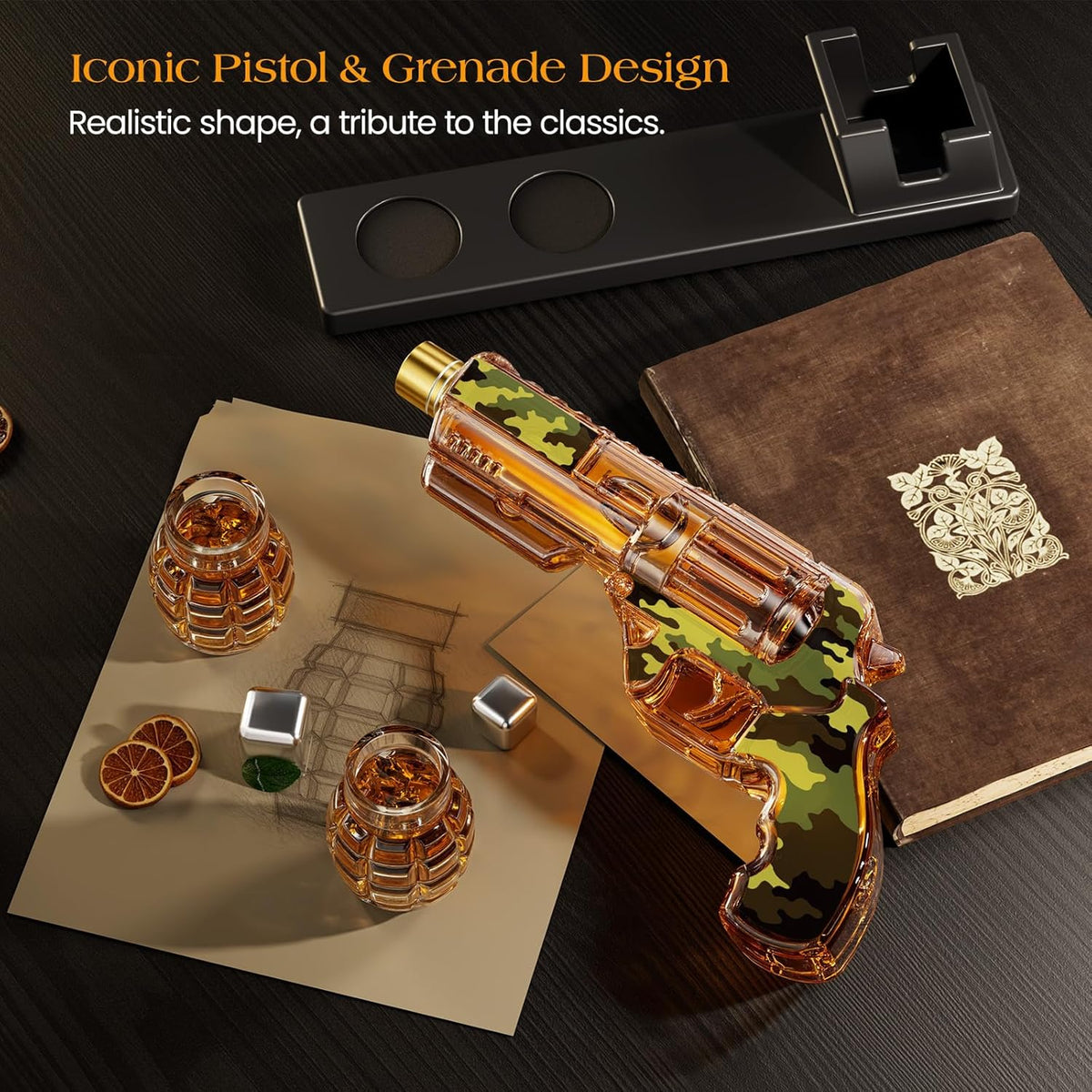 Kollea Camouflage Whiskey Decanter Sets with Grenade Shot Glasses, Anniversary Birthday Gifts for