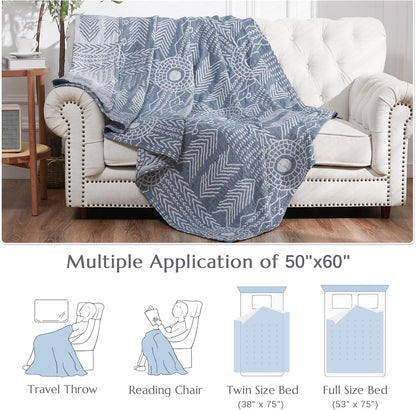 jinchan Boho 100% Cotton Muslin 50x60 Throw Blanket Lightweight 3-Layer Blue Blanket Washable