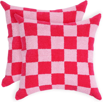 Alysheer Checkered Embroidered Decorative Throw Pillow Covers 18"x 18" Set of 2, Farmhouse Cottage