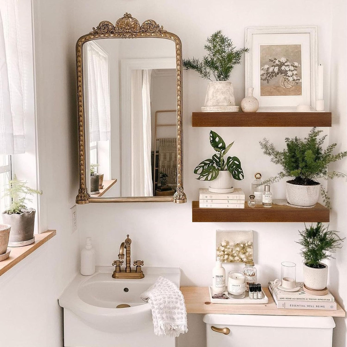 IAE Walnut Floating Wall Shelves 16 inch, Bathroom Shelves Wall Mounted,Invisible Shelf Floating