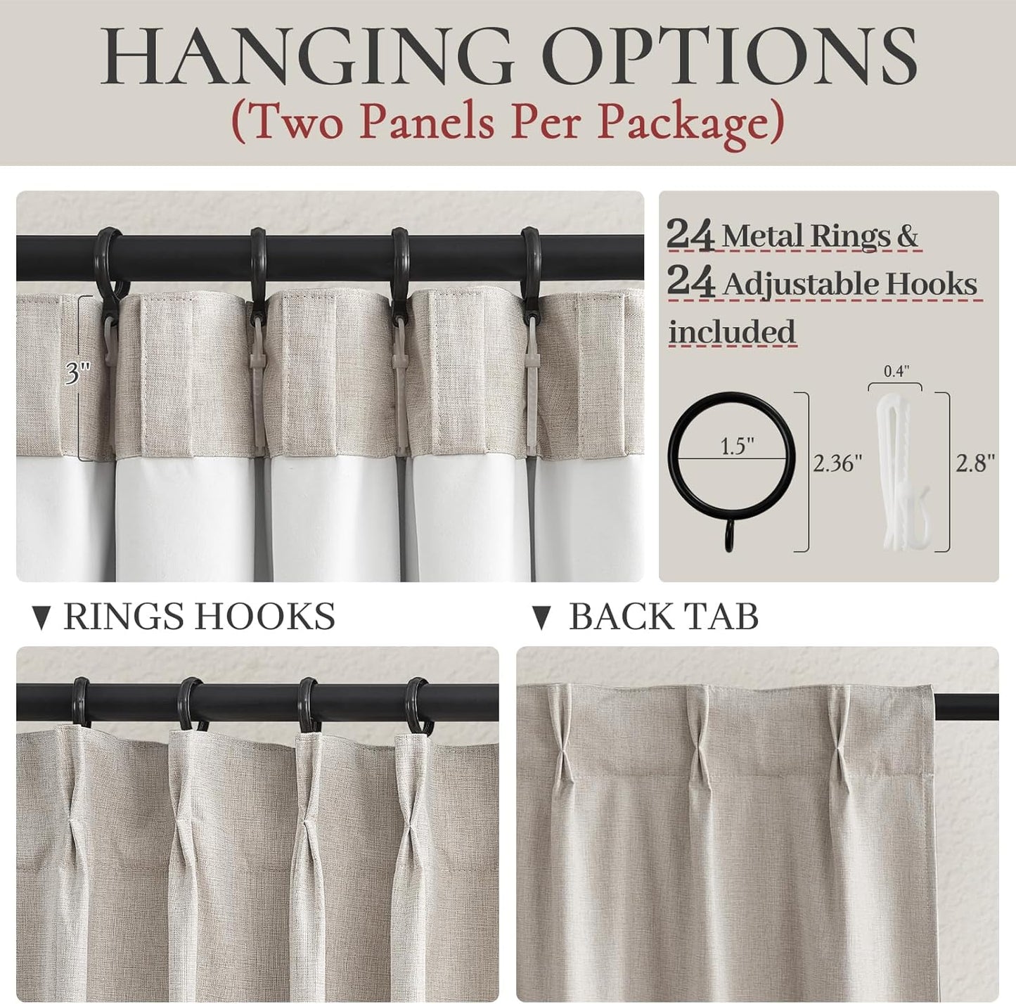 Pinch Pleated Blackout Curtains 70 Inches Wide for Living Room, Room Darkening Linen Blend Tan