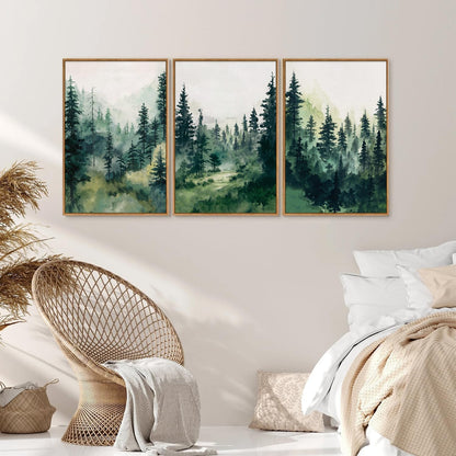 Tinonedraw Misty Forest Framed Canvas Wall Art Set, Modern Pine Trees Wall Painting, Watercolor