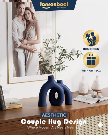 Matte Blue Vase Set - Hug Hollow Donut Aesthetic Ceramic Vases Home Decor, Navy Blue Decor Modern