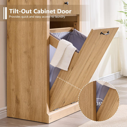 Modern Tilt-Out Trash Can Cabinet, 10 Gallon Fluted Laundry Hamper Cabinet with Drawers, Wooden